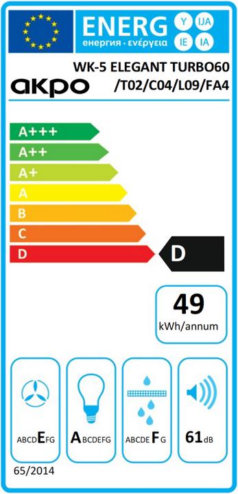 Energy Label Akpo WK-5 ELEGANT TURBO 60 INOX Extractor Hood Wall Mounted Stainless Steel ³/h (Wall hood)