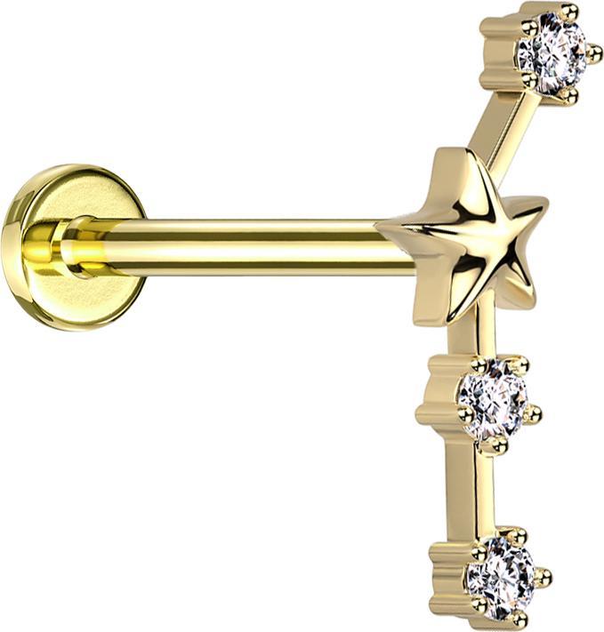 Actual product image Star Piercing Micro Labret Inner Thread Gold Plated Star Sign Aries with Crystals (Surgical steel 316L, Brass)