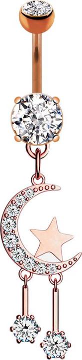 Star Piercing Banane rosegold mit zwei Kugeln Kristall silber Anhänger Mond und Sterne (Messing, Chirurgenstahl 316L)