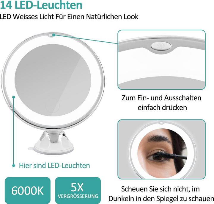 Immagine prodotto Emke Kosmetikspiegel Mit Beleuchtung 5x VergrössErung, Starker Saugnapf, Blendfreier Led Licht, 175mm