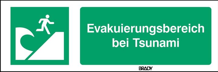 Label énergétique Brady E/E062/DE280/PP-150X50-1, panneau de sécurité ISO - zone d'évacuation en cas de tsunami