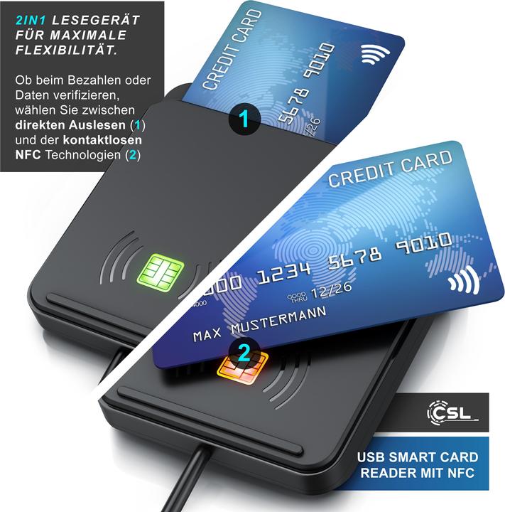 Image du produit CSL Lecteur de carte à puce USB, NFC, ISO 7816/14443, compatible avec Mac OS X & Windows 11, pour carte (USB)
