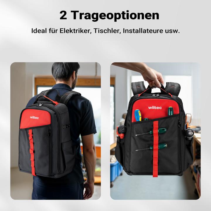 Produktbild Wiltec Werkzeugrucksack 33x20x43cm Werkzeugtasche 16 Fächer Werkzeug Rucksack