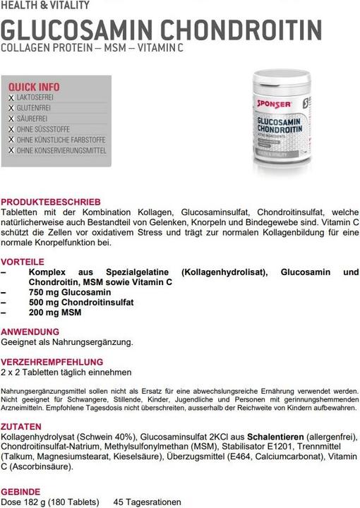 Valeurs nutritives et ingrédients Sponser Glucosamin Chondroitin (180 pièce(s), Cachets, 201 g)
