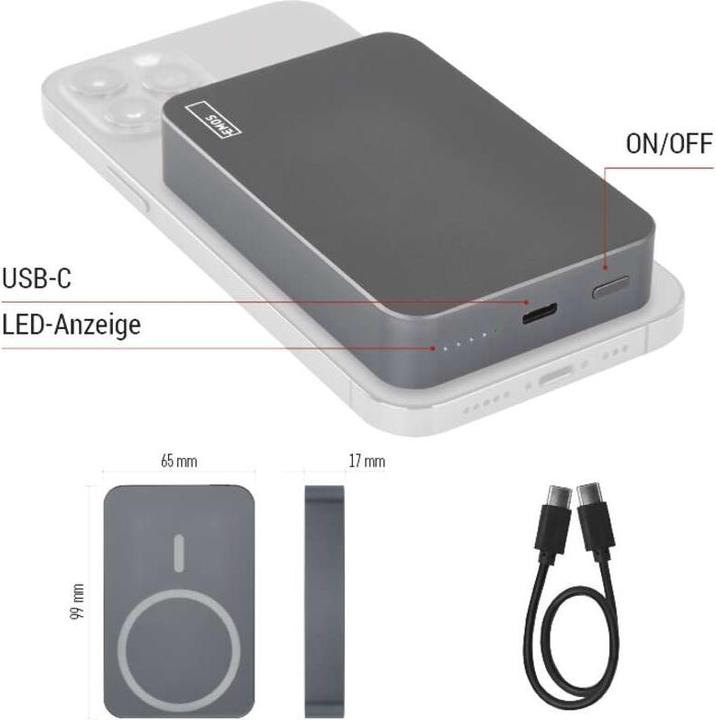Actual product image Emos Powerbank WI 1046, 10 000 mAh, 20 W+Wireless, grey (10000 mAh, 20 W, 38.50 Wh)