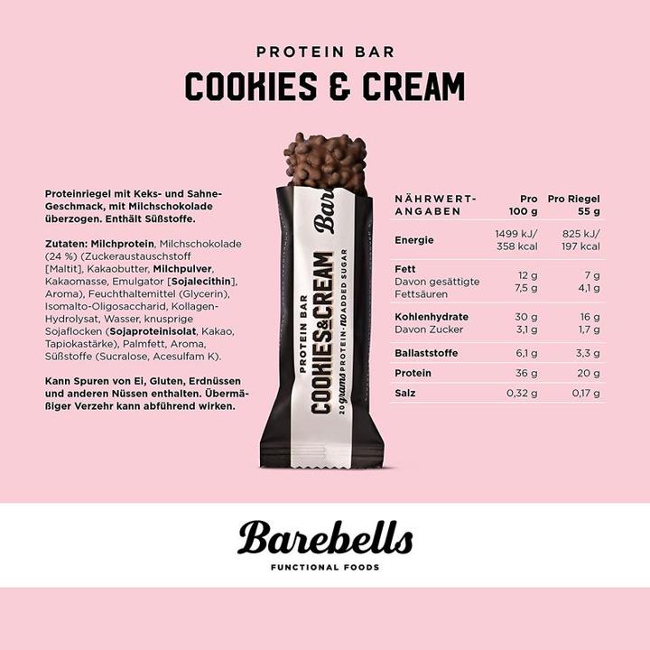 Valeurs nutritives et ingrédients Barebells Bar (Cookies and Cream, 12 pcs, 660 g)