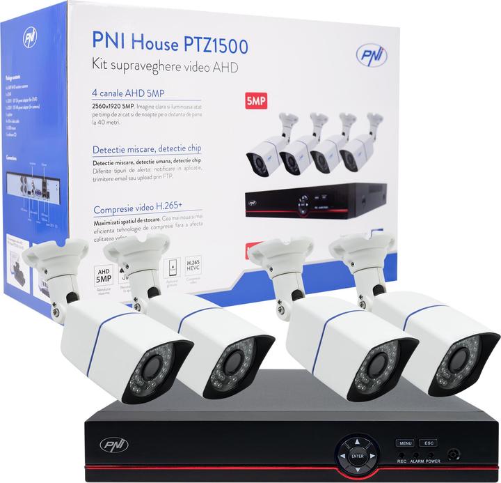 Immagine prodotto PNI Pacchetto di videosorveglianza AHD House PTZ1500 5MP - DVR e 4 telecamere da esterno (4096 x 2160 pixel)