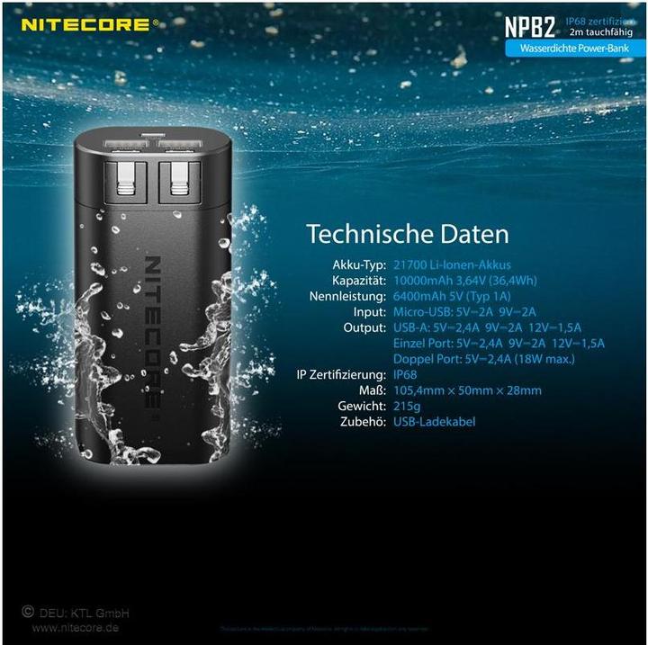 Actual product image Nitecore Powerbank NPB2 - 10000mAh, wasserdicht (10000 mAh, 18 W)