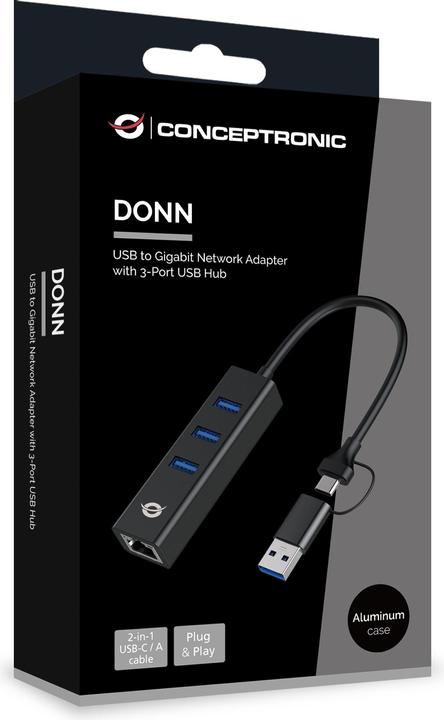 Actual product image Conceptronic Adapter USB3.0-> RJ45,3xUSB3.0,TypeC Ad 0.15m bw (USB-A, USB-C, 3 Ports)