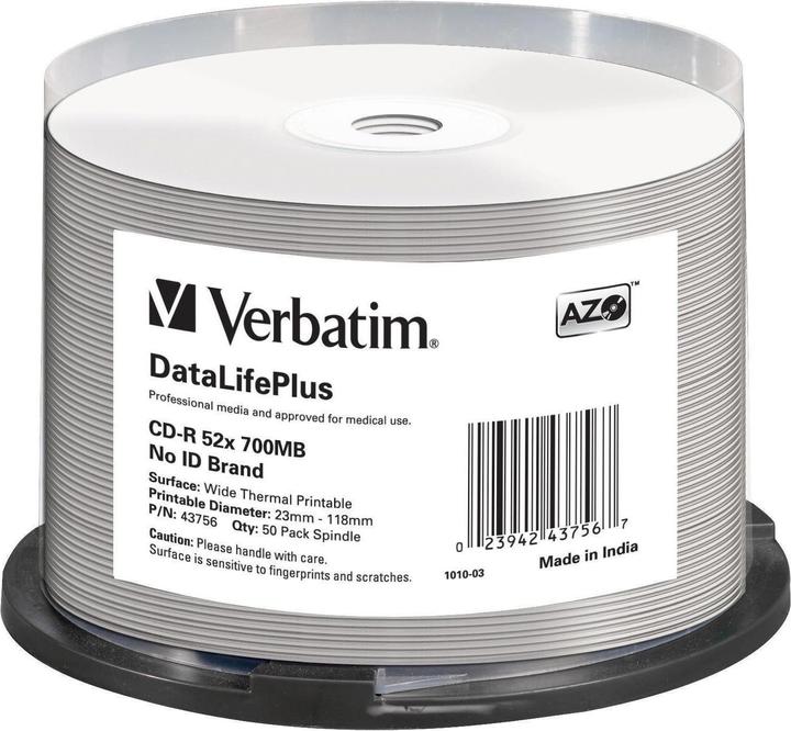Produktbild Verbatim CD-R, 700MB, 52x, 50er Wide Thermal bedruckbar (50 x)