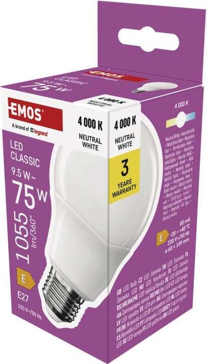 Immagine prodotto Emos LED Lampe Classic A60 / E27 / 9,5 W (75 W) / 1055 lm / Neutral Weiss (E27, 9.50 W, 1055 lm, 1 x, E)