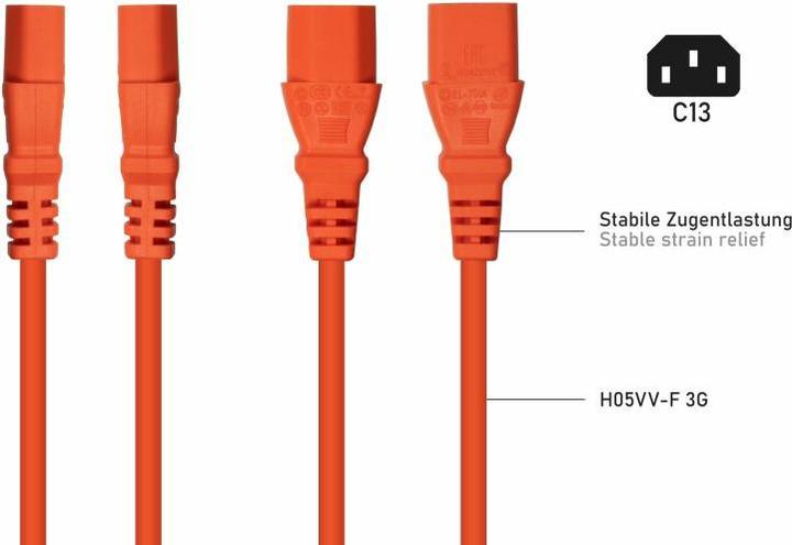 Immagine prodotto Kabelmeister Cavo di rete con contatto di terra tipo E+F (filettatura a 90°) per presa IEC C13, arancione, 1 (10 m)