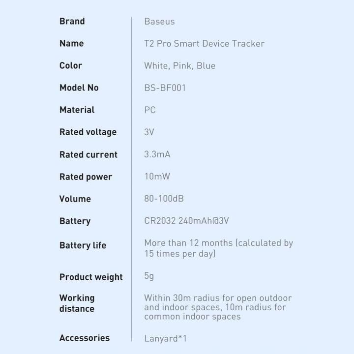 Nährwerte und Zutaten Baseus T2 Pro Smart GPS Locator for Baby Bag Keys White (FMTP000002) (Android, iOS)