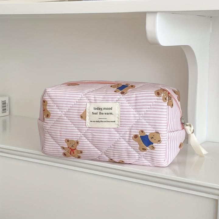Only-Bags.Store Kuschelige gesteppte Teddybär-Kosmetiktasche - perfekt für Reise oder Schule - weiches