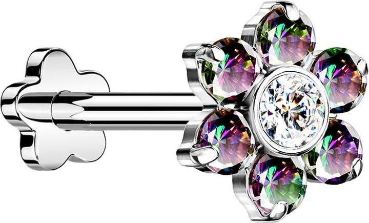 Star Piercing Micro Threadless Labret Blume silber Blume Kristalle dunkel mulitcolor (Titan G23, ohne Messing)