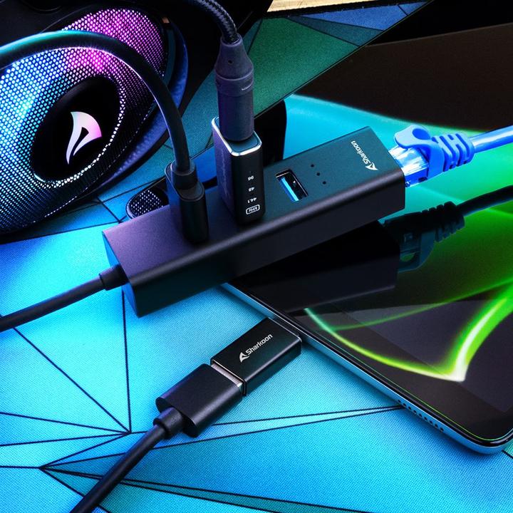Actual product image Sharkoon HUB 3X USB 3.2 +RJ45 ALU BLACK (USB-C, 3 Ports)