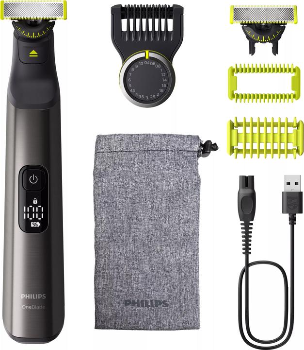 1 borsa portaoggetti, 1x QP6552/30 OneBlade Pro 360, 1x cavo di ricarica USB-A (senza spina di rete), 1x lama supplementare intercambiabile a 360 gradi, 1x attacco di protezione per la pelle con clip, 1x pettine con 20 impostazioni di lunghezza, 1x attacco a clip per il corpo