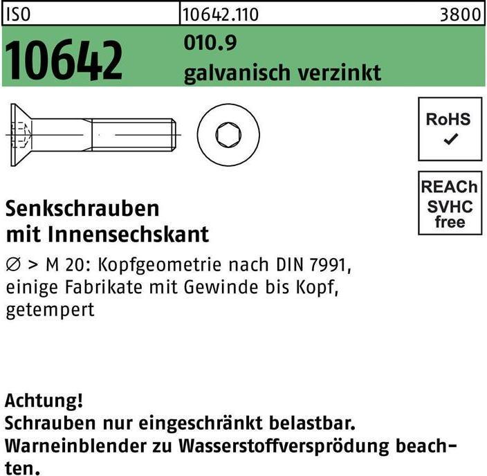 Produktbild Senkschraube ISO 10642 Innensechskant M 6 x 70 010.9 galvanisch verzinkt (200 Schrauben pro Stück)