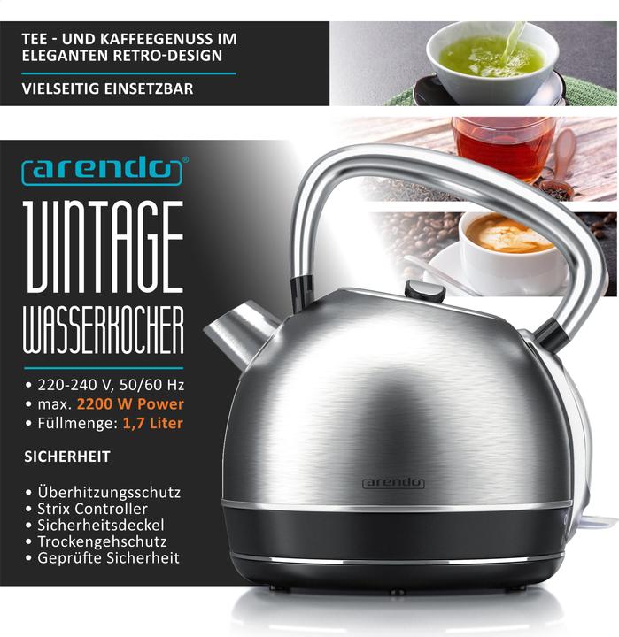 Immagine prodotto Arendo Bollitore da 1,7 l, 2200 W, acciaio inox, stile retrò vintage, protezione contro il (1.70 l)