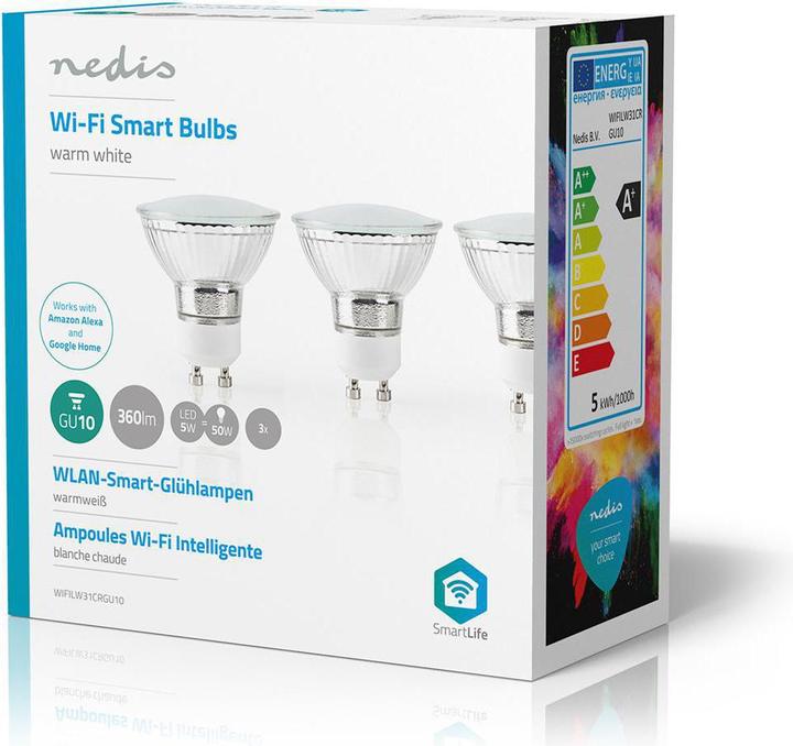 Produktbild Nedis SmartLife-LED-Glühbirne | Wi-Fi | GU10 | 330 lm | 5 W | Warmweiss | 2700 K | Energieklasse: A+ (GU10, 5 W, 330 lm, 3 x, G)