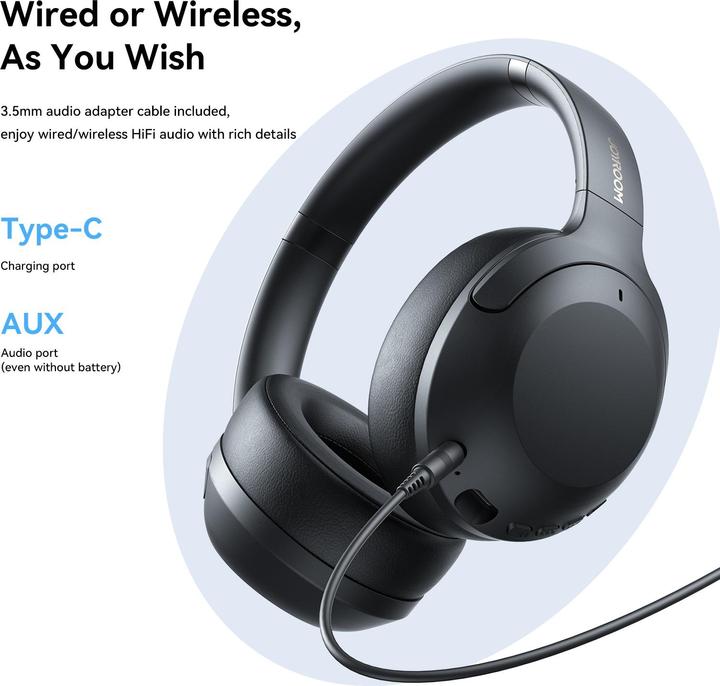 Actual product image Joyroom J-Head Series JR-JH2 Hybrid ANC Wireless Headphones-Black (ANC, 100 h, Cable)