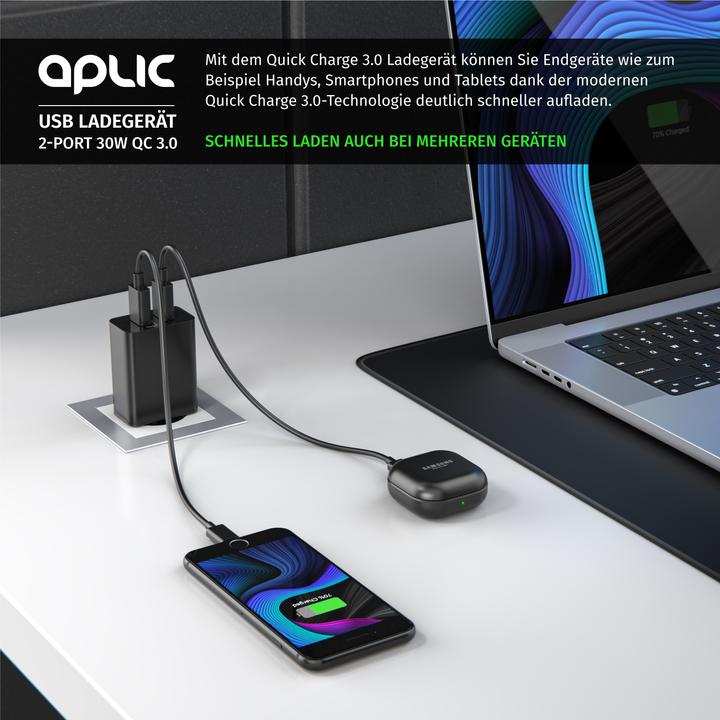 Immagine prodotto Aplic Caricatore USB 3000 mA, 2 porte, 30W, funzione di ricarica rapida Quick Charge 3.0 (QC 3.0), nero (30 W)