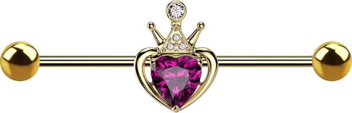 Produktbild Star Piercing Barbell vergoldet mit zwei Kugeln Herzkrone Kristall rosa (Chirurgenstahl 316L, Messing)