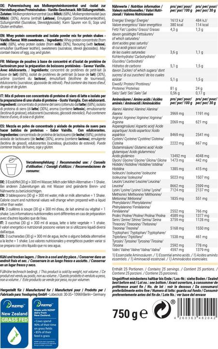 Nährwerte und Zutaten Foodspring Whey Protein (Vanilla, 1 Stk., 750 g)