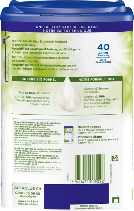 Nährwerte und Zutaten Aptamil Bio 1 (800 g, ab Geburt)