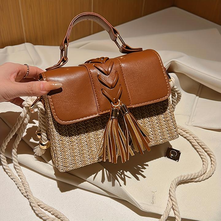 Actual product image Only-Bags.Store Tassel Decor Straw Woven Handbags, Mini Rope Strap Crossbody Beach Bag, Women Top Handle