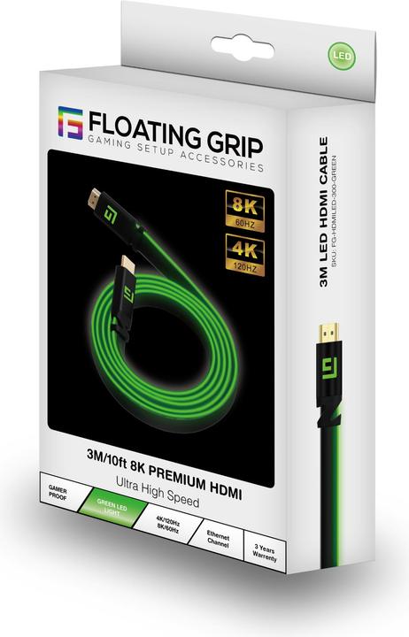 Image du produit Floating Grip Câble HDMI High Speed 8K/60Hz LED 3.0m vert (3 m, HDMI)
