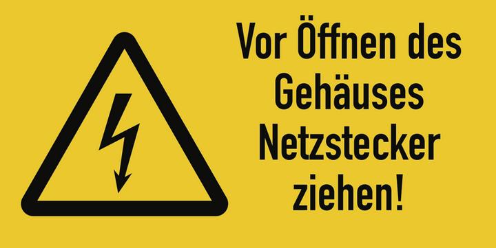 Actual product image Moravia Warning sign Pull mains plug before opening the housing Foil, 74x37 mm