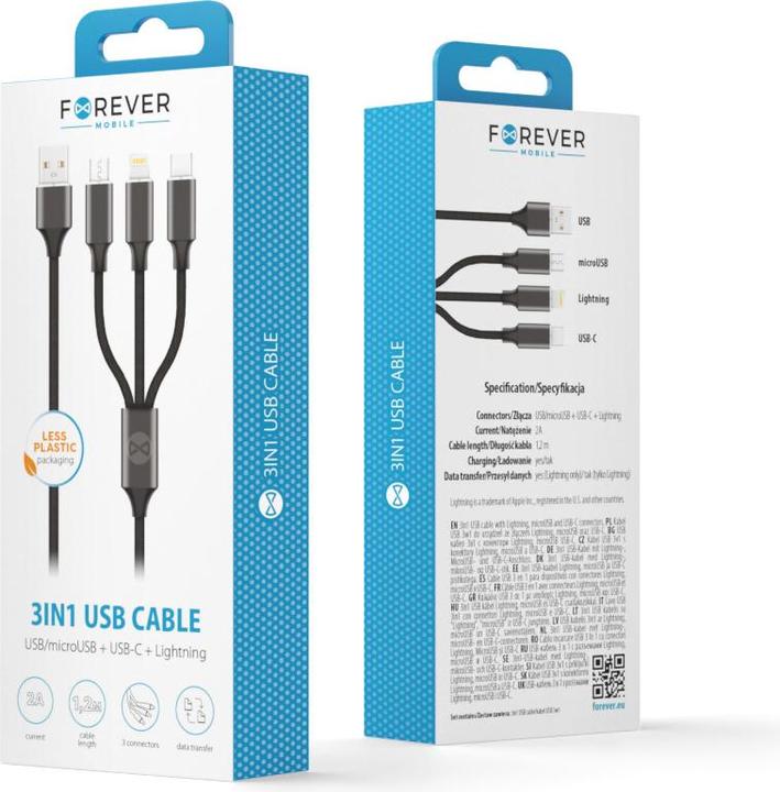 Produktbild Forever USB-A – USB-C, Lightning, USB Micro B (1.20 m, USB 3.2 Gen 2)