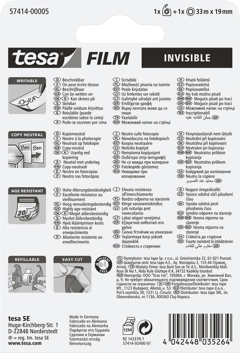 Image du produit tesa 1x tesafilm INVISIBLE avec dévidoir manuel, invisible mat, résistant au vieillissement et à la