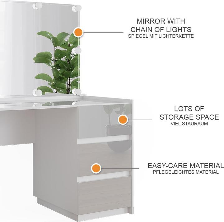 Actual product image Vicco Dressing table Marla, White High Gloss, 120 cm with mirror, LED fairy lights (120 x 60 x 79 cm)