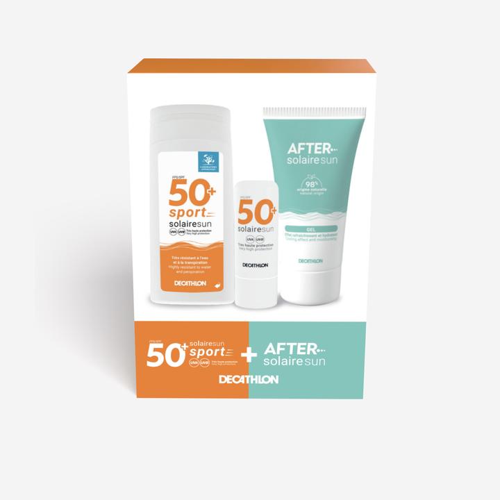 Decathlon Sonnenschutz Mini-Set Sonnencreme LSF 50+ / Lippenstift LSF 50+ / After-Sun-Gel (Sonnencreme, Sonnenstick, SPF 50+, 50 ml, 160 g)