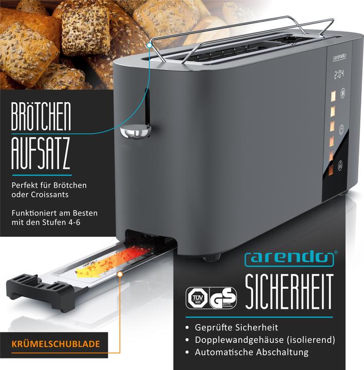 Image du produit Arendo Toaster Edelstahl 2 Scheiben Langschlitz, Restzeit & Bräunungsgradanzeige, Touch Display, 1000 W (Prise UE)