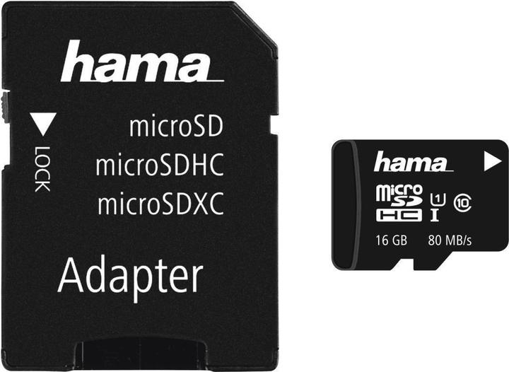 Actual product image Hama microSDHC 16GB Class 10 UHS-I 80MB/s + Adapter/Photo (16 GB, microSDHC, U1, UHS-I)