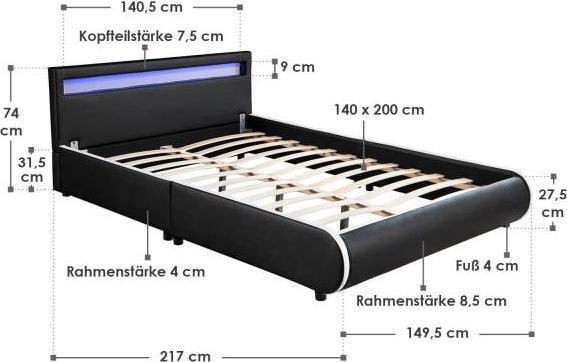 Produktbild Juskys Polsterbett Sevilla mit LED (140 x 200 cm)