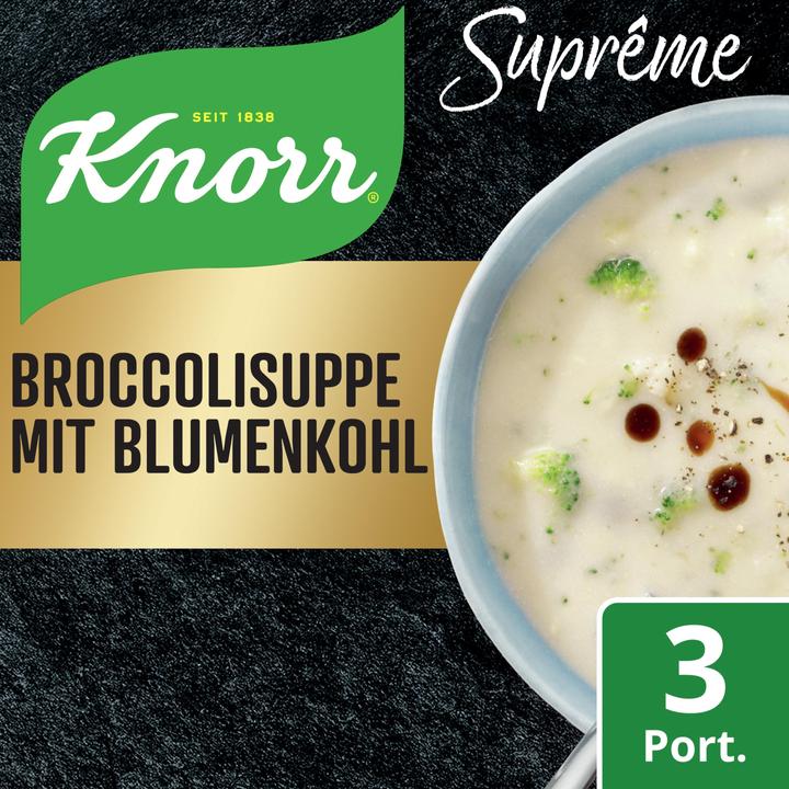 Produktbild Knorr Suprême Broccolisuppe mit Blumenkohl und Kartoffel, Beutel Suppe extra crèmig, Fertiggericht