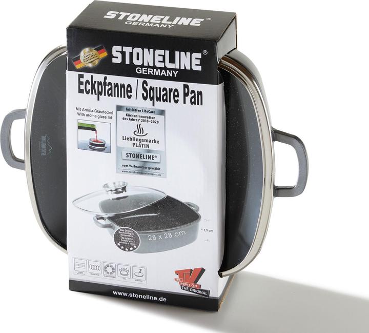 Produktbild Stoneline Eckpfanne 28x28 cm mit Aroma Glasdeckel, Pfanne rechteckig, Backofen, Induktion geeignet (Pfannenset + Topfset, Aluminium)