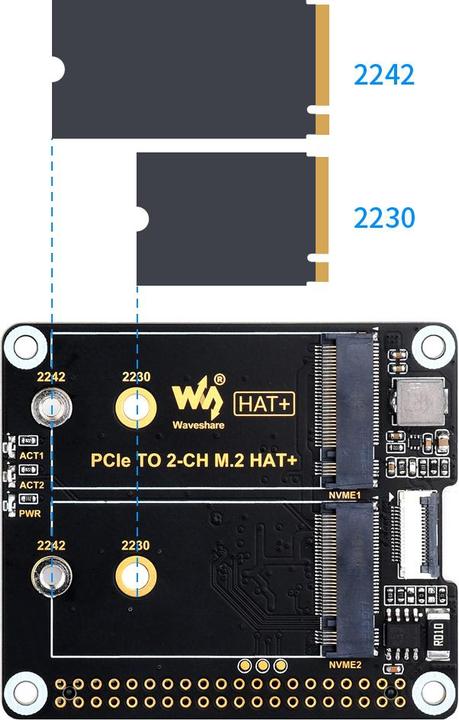 Actual product image WaveShare PCIe to M.2 HAT+ double SSD adapter for Raspberry Pi 5