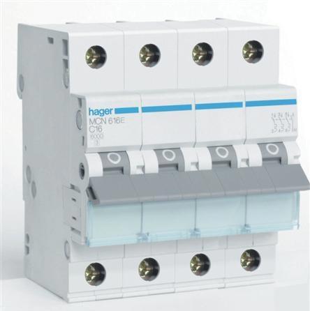 Immagine prodotto Hager Automatsikring C 16A, 3 polet + nul C-karakteristik 6kA kortslutningsbrydeevne 400V AC, 72 mm