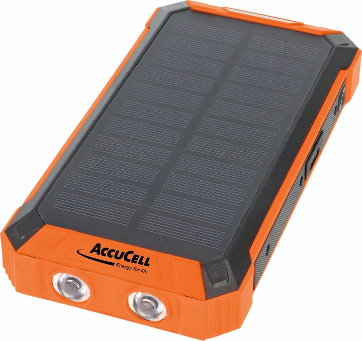Produktbild AccuCell Powerbank mit 4 Ladekabel, QI-Ladefunktion, Solar Panel, LED Licht (20000 mAh)