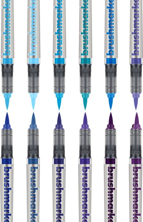 Produktbild Karin PRO - Brush Marker (sapphire blue 189, TURQUOISE 654, violet blue 688, Royal Blue 045, SKY BLUE 621, PLUM 197, arctic blue 264, indigo blue 169, cyan 207, EGYPTIAN BLUE 305, LILAC 226, Cool Aqua 204, 12 x)
