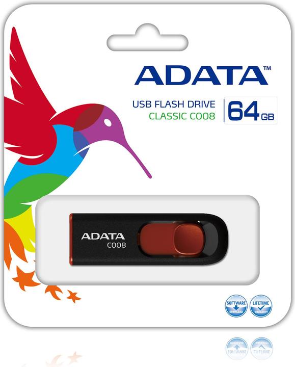 Image du produit Adata Clé USB 2.0 C008 noire/rouge 64 Go (64 Go, USB-A, USB 2.0)