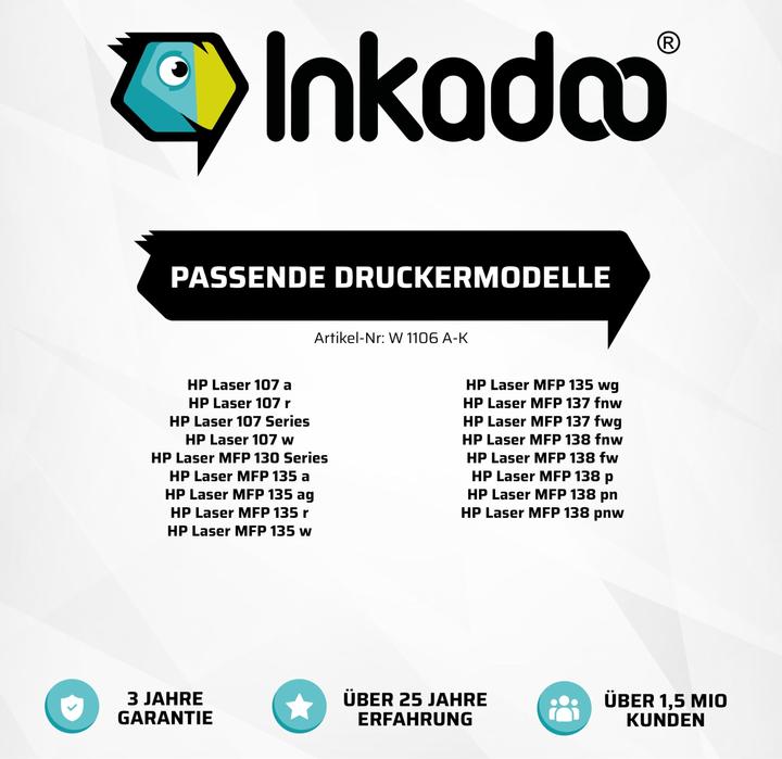 Immagine prodotto Inkadoo toner compatibile come ricambio per HP W1106A / 106A adatto per HP Laser 107 Serie Laser MFP 130 (FC)