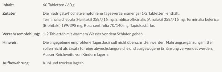 Valori nutrizionali e ingredienti Maharishi Ayurveda Triphala Plus Organic Tabl (60 Pezzo/i, Pillole, 60 g)