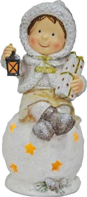GuGus LED Figur Kind sitzend auf Kugel aus Polyresin mit Laterne und Engelflügeln