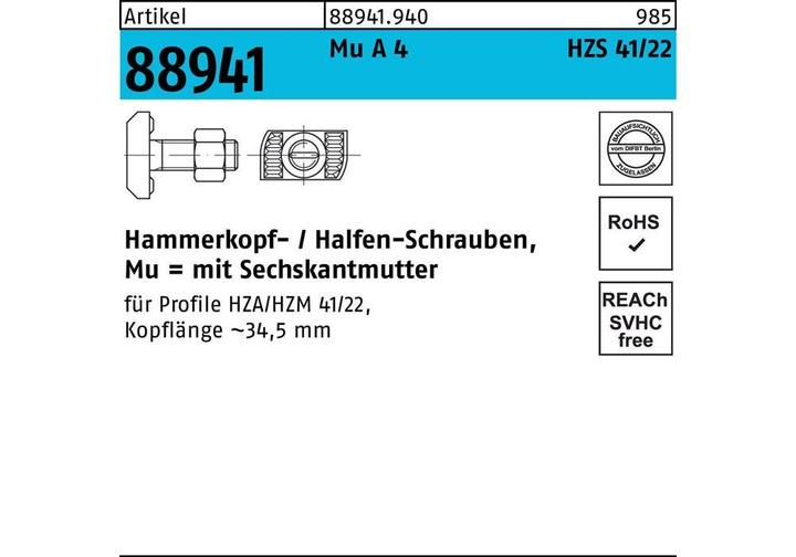 Image du produit Halfen Vis à tête rectangulaire à angles abattu R 88941 m.6-kantmutter x